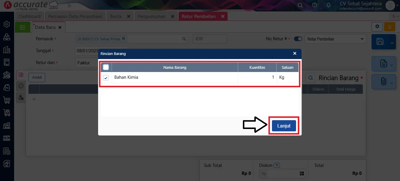 membuat retur pembelian dari faktur